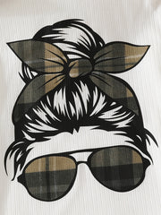 Girl's Plaid Anime Sunglasses Print Long Sleeve Top & Ruffle Skirt Set