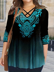 Casual Blouse Women's Plus Embroidery Print Long Sleeve