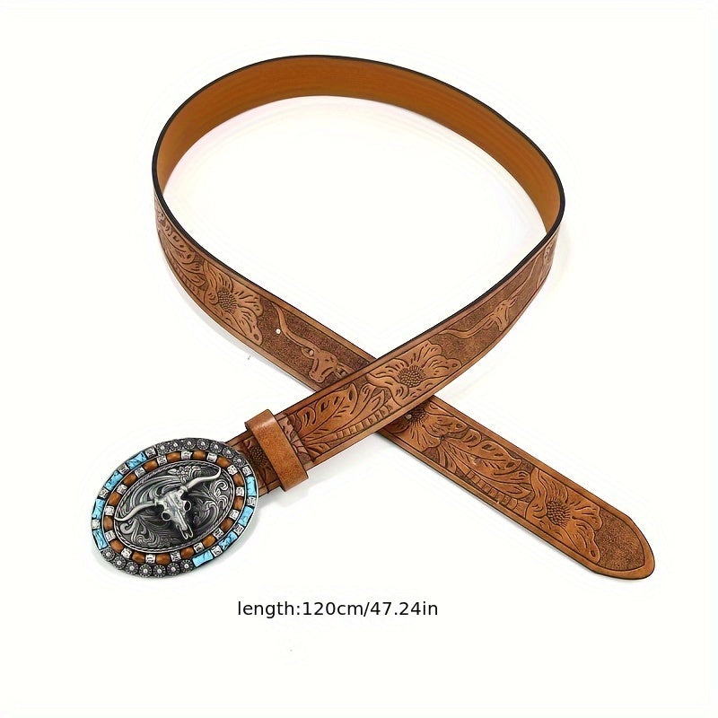 Vintage Western Cowboy Leather Belt with Cow Head Large Buckle