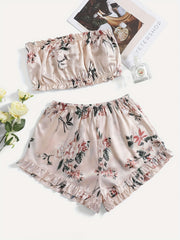 Heart Print Pajama Set Strapless Tube Top & Ruffle Shorts
