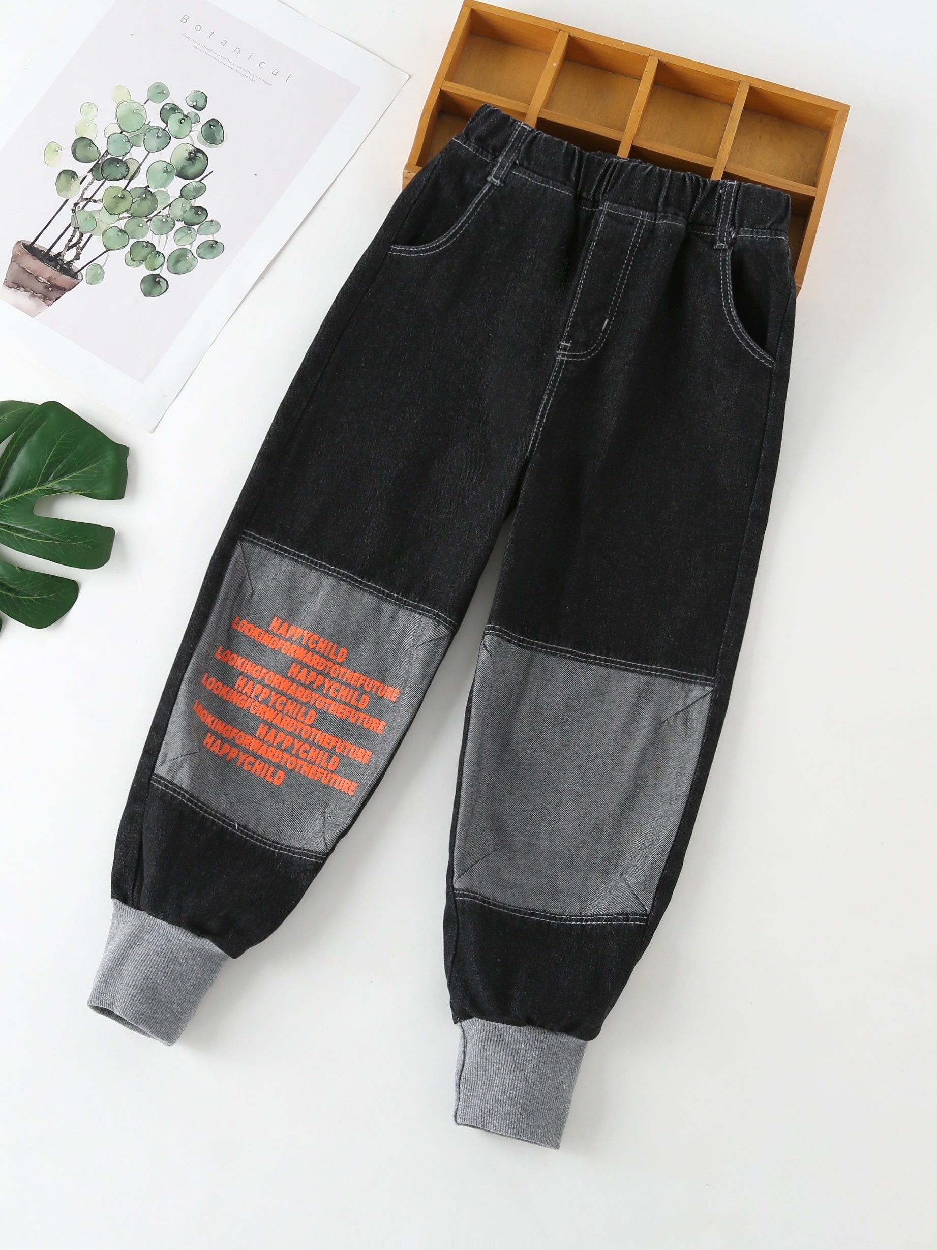 Boy's Letters Print Jogging Pants & Denim Jeans