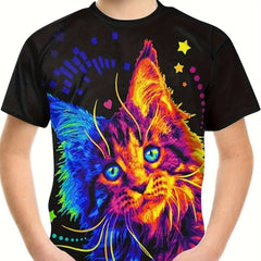 Boys Kitten Print Casual Tee Tops Kids Short Sleeve Crew Neck Summer T shirt