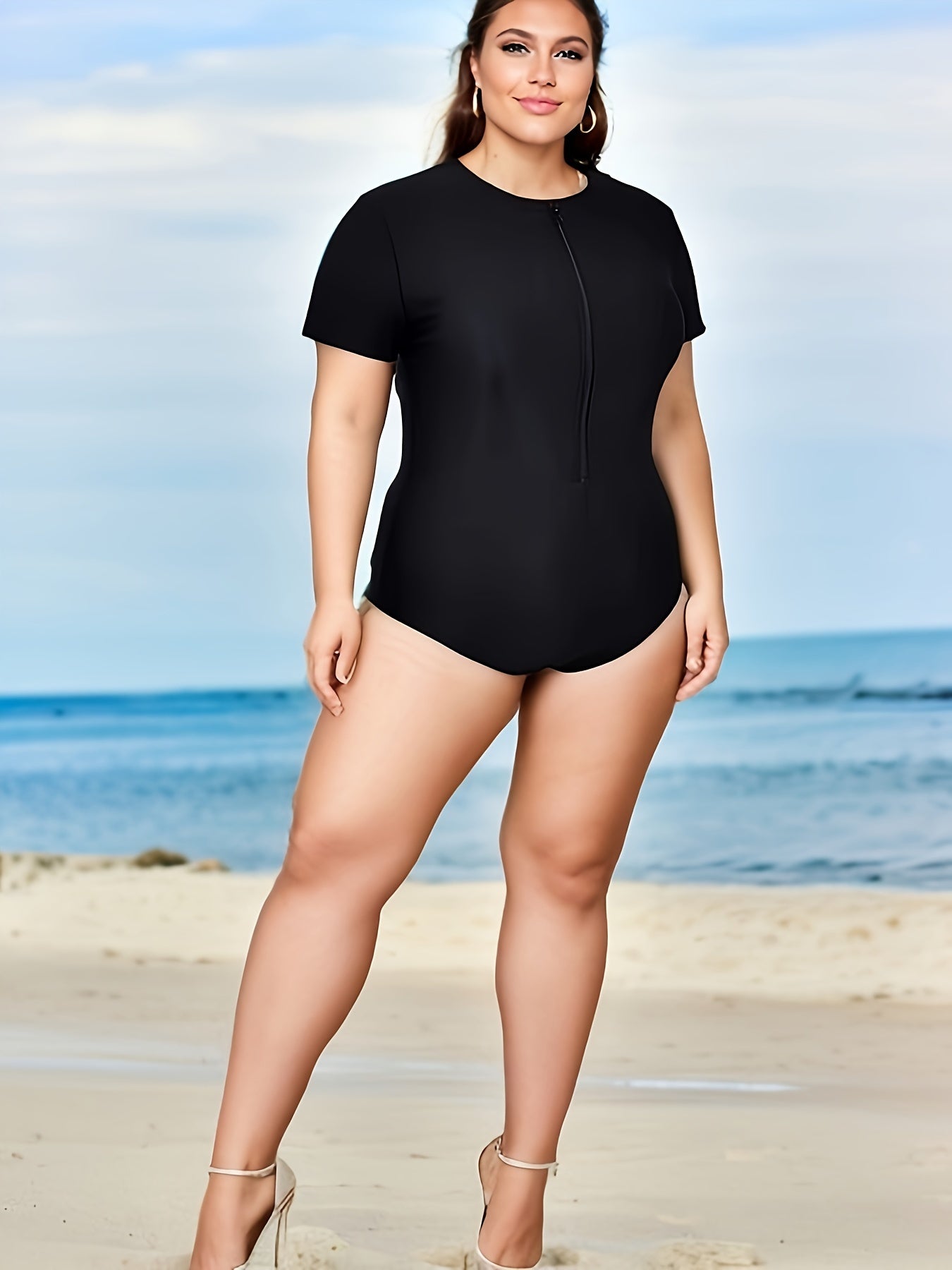 Sporty Swimsuit Women's Plus Solid Zip Up One Piece Bathing Suit