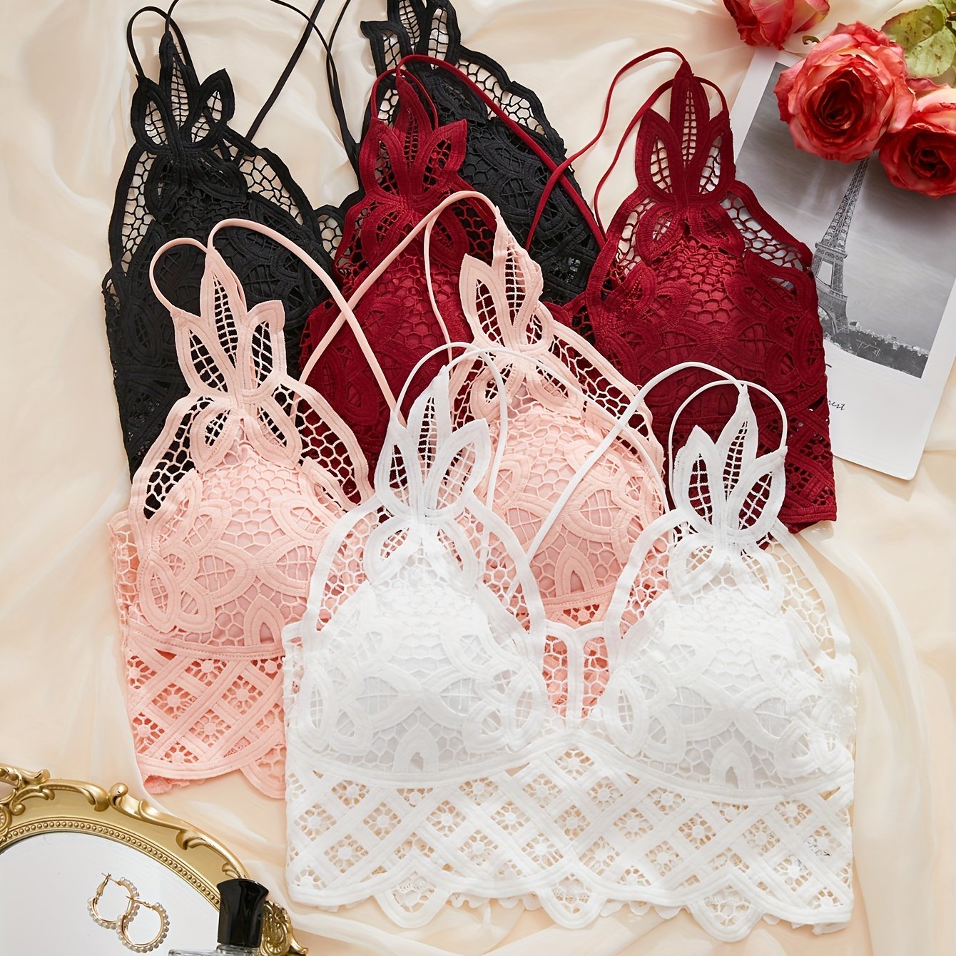 4pcs Lace Wireless Bras Hollow Out Bra Women's Lingerie