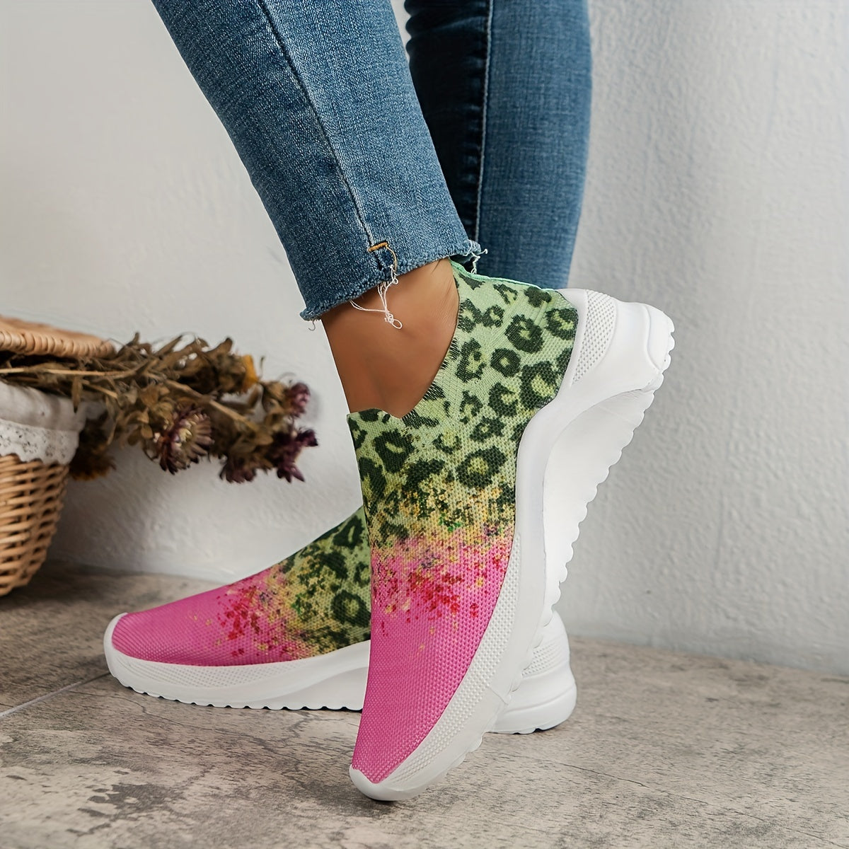 Leopard Print Colorblock Slip On Sneakers Lightweight Soft Sole Shoes