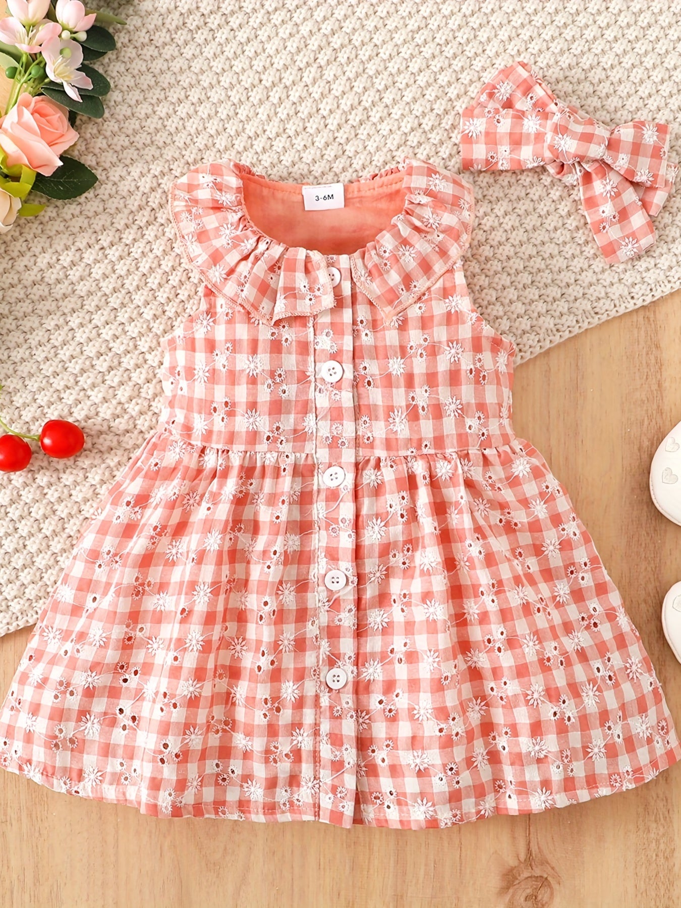 Plaid Embroidered Ruffle Collar Vest Dress Headband Set