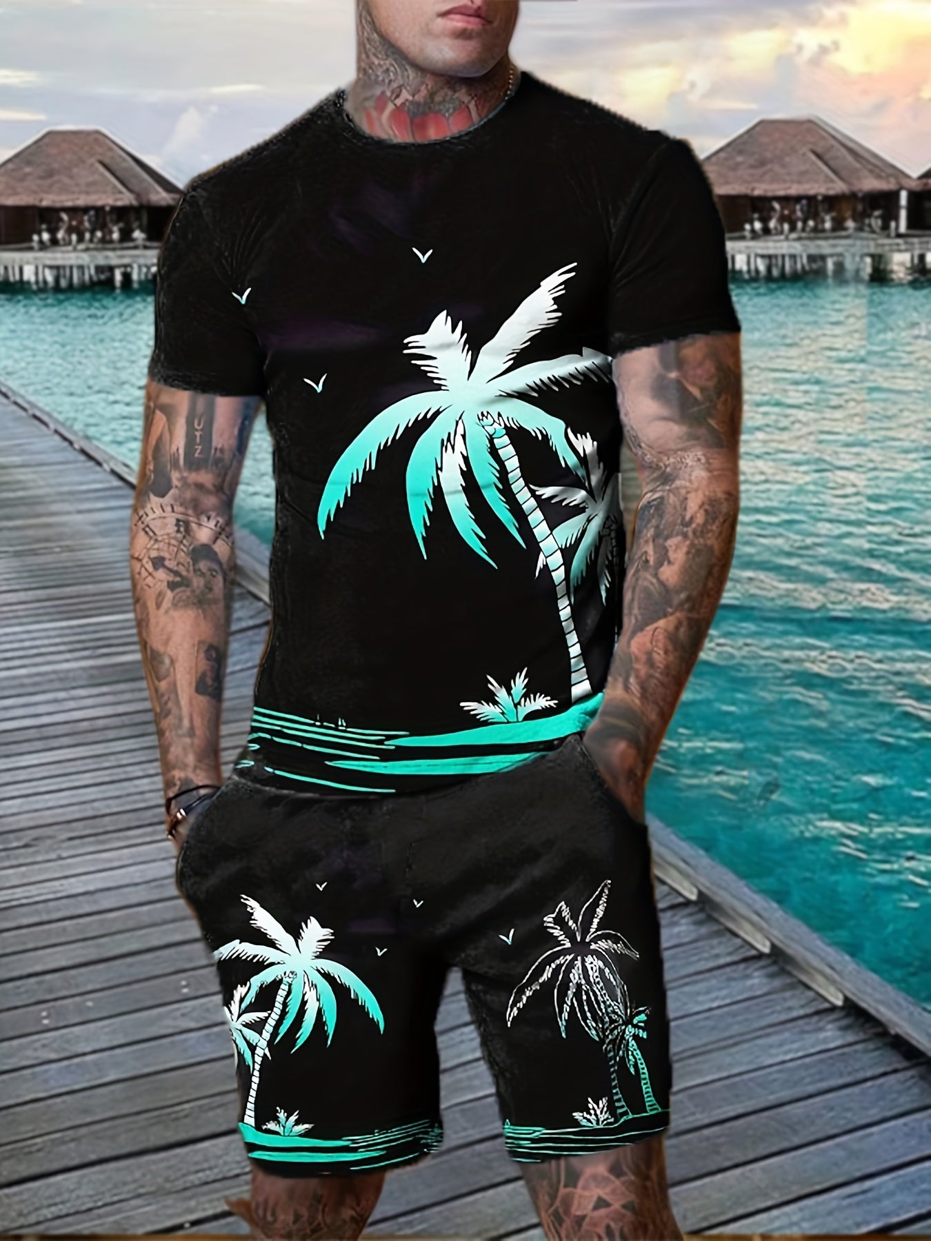 Coconut Tree Print Men's Outfits Casual T-shirt & Shorts Set