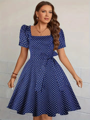 Polka Dot Retro Dress Lantern Sleeve Stretch A line Dress