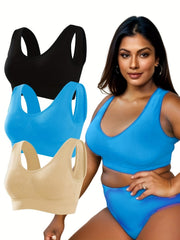 3 Pack Plus Size Sports Bra Set Women's Plus Ruched Medium Stretch Bra 3pcs Set