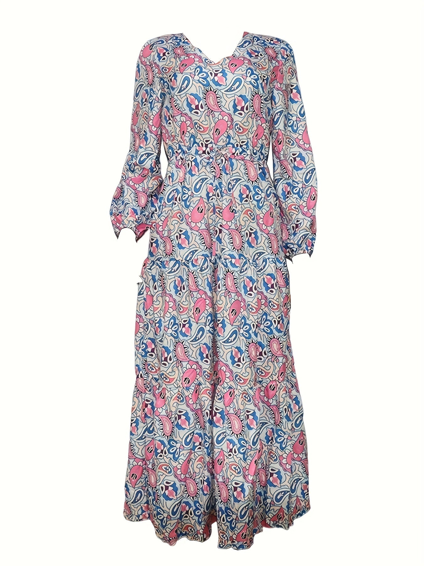 Paisley Print V Neck Dress Boho Long Sleeve High Waist Pleated Maxi Dress