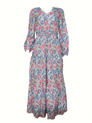 Paisley Print V Neck Dress Boho Long Sleeve High Waist Pleated Maxi Dress