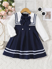 Girls Sailor Collar Princess Dress With Bow - Autumn/Spring
