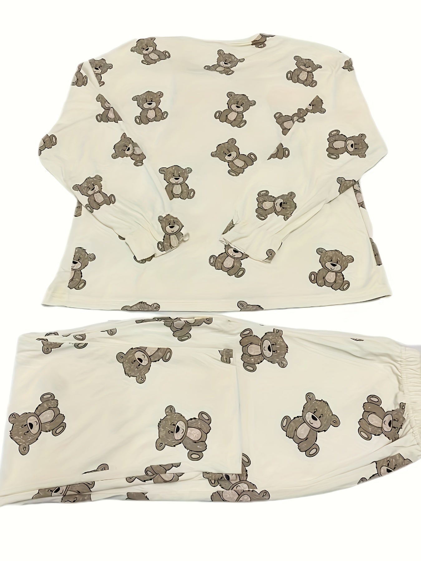 Bear Print Pajama Set Long Sleeve Top & Pants Women's Sleepwear