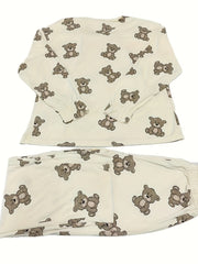 Bear Print Pajama Set Long Sleeve Top & Pants Women's Sleepwear
