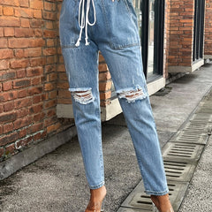 Elastic Band Distressed Denim Jeans Slim Fit Solid