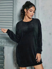 Plush Pullover Sweatshirt Dress Long Sleeve Crew Neck