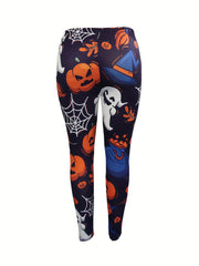 Halloween Leggings Ghost Pumpkin Spider Web Print High Rise