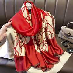 Red Big Flower Print Scarf Block Satin Shawl Silk Head Wrap