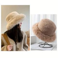 Fluffy Faux Fur Bucket Hat Plush Warm Hat