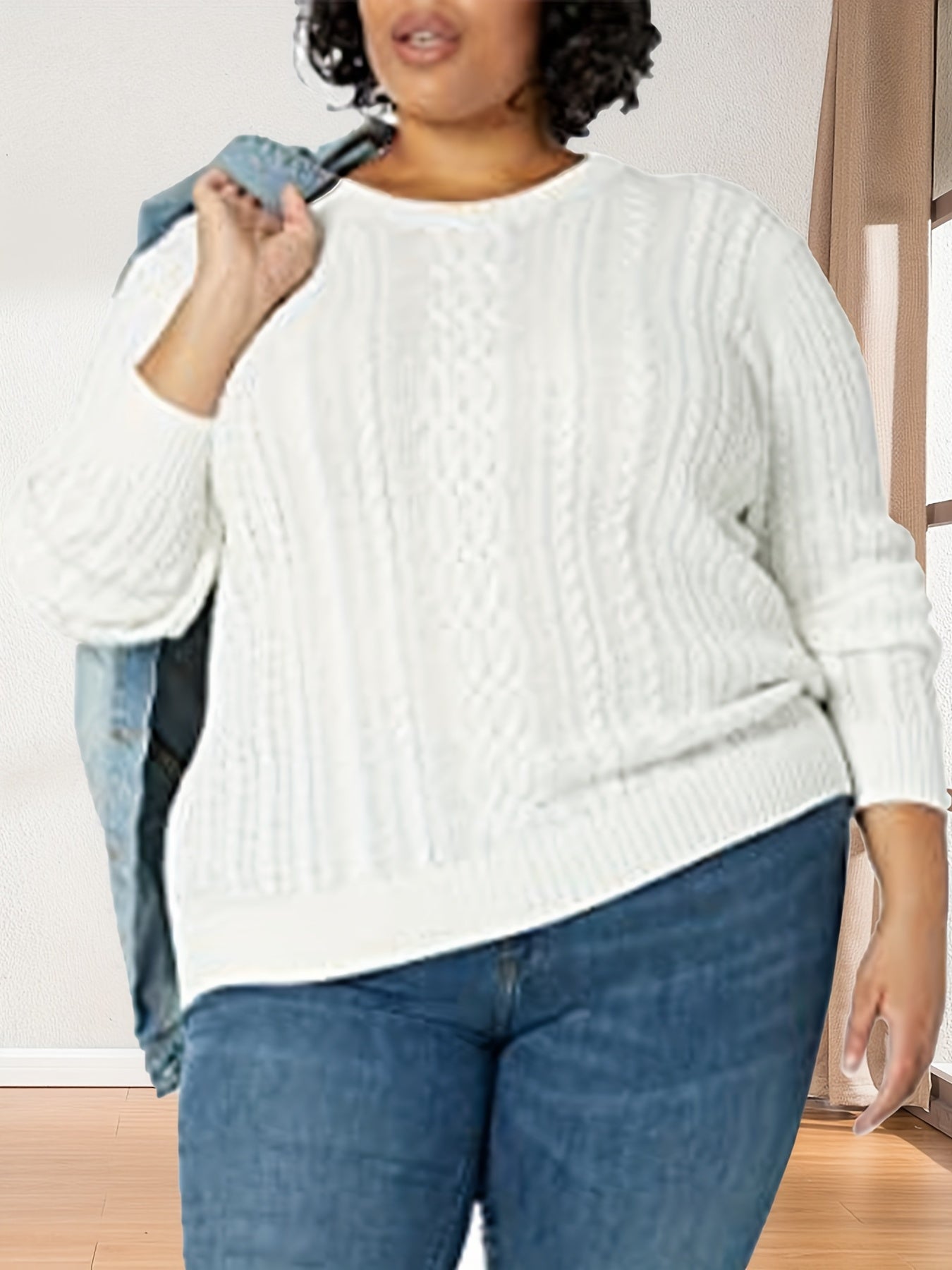Solid Cable Knit Long Sleeve Sweater Crew Neck Pullover Jumper