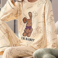 Rabbit Print Pajama Set Long Sleeve Crew Neck Top & Pants