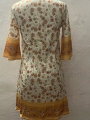 Floral Print Drawstring Dress Vintage V Neck Ruffle Trim Midi Dress