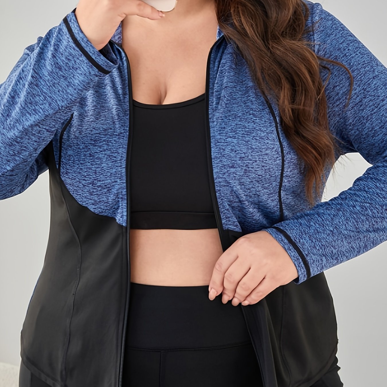 Colorblock High Neck Zipper Long Sleeve Sports Coat Plus Size