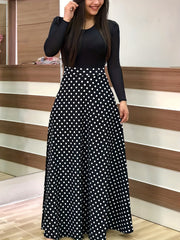 Polka Dot High Waist Maxi Dress Long Sleeve Crew Neck Women's Clothing