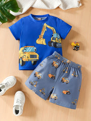 2pcs Toddler Boys Excavator Graphic T-Shirts & Shorts Set