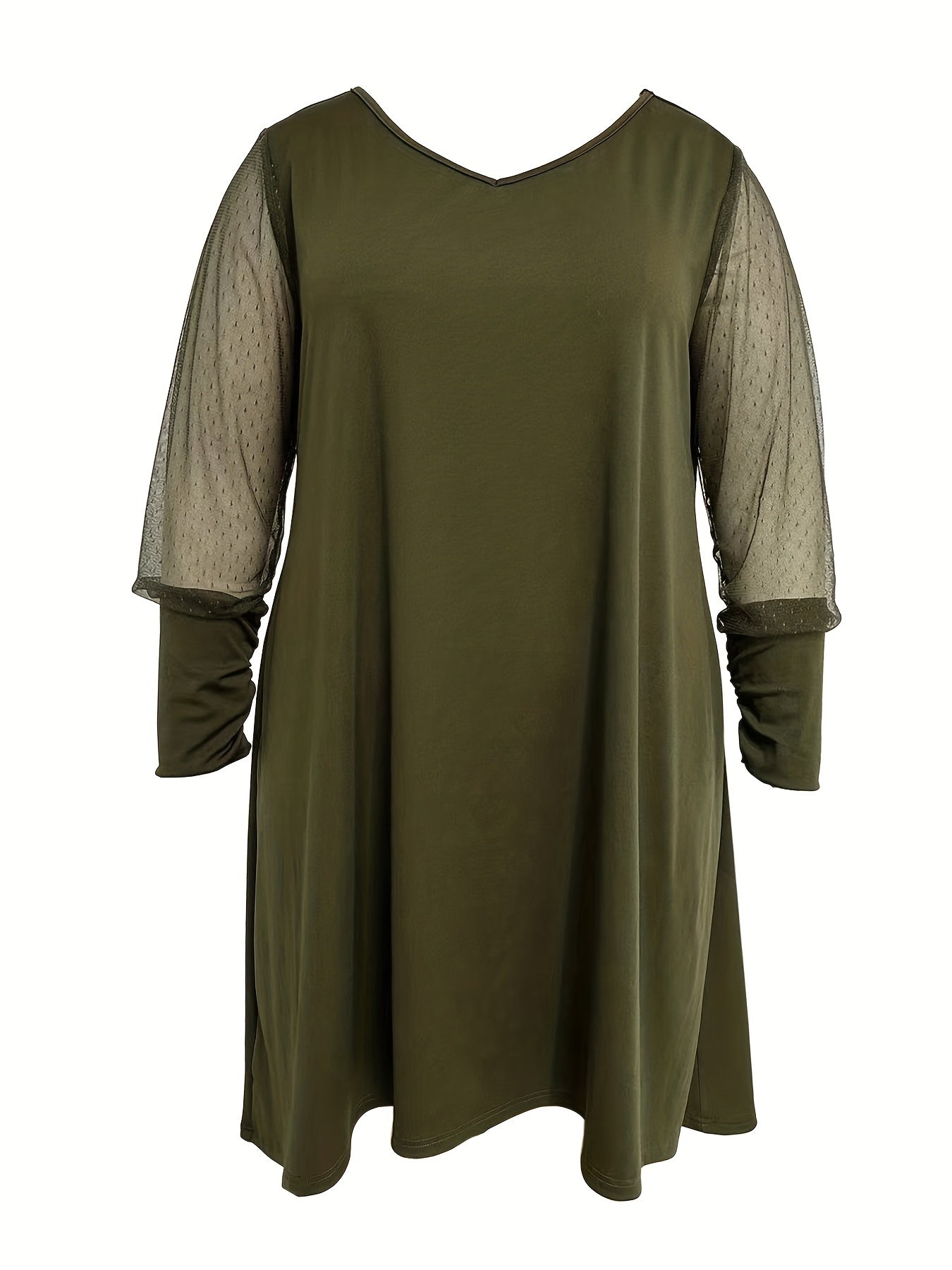 Plus Size Colorblock Mesh Long Sleeve V Neck Dress