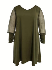 Plus Size Colorblock Mesh Long Sleeve V Neck Dress