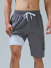Men s Double Layer Shorts with Pocket Drawstring Waist Elastic