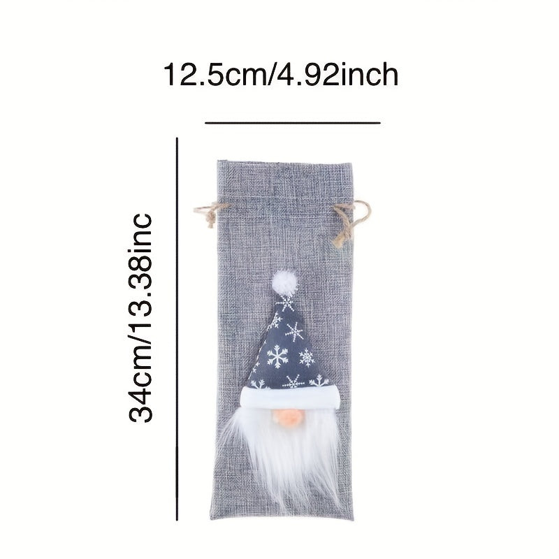 Christmas Linen Wine Bottle Bags Set - Old Man Faceless Doll Red Wine Clothing