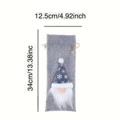 Christmas Linen Wine Bottle Bags Set - Old Man Faceless Doll Red Wine Clothing