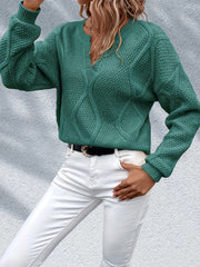 Solid Notched Neck Long Sleeve Sweater for Fall & Winter