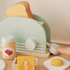 Wooden Bread Machine Kitchen Toy Set for Kids Interactive Breakfast Game