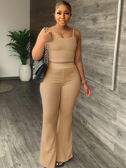 Solid Matching Two Piece Set Crop Cami Top & High Waist Flare Leg Pants Outfit