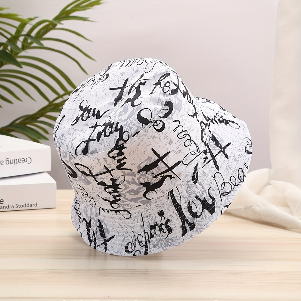 Letter Graffiti Print Bucket Hat Reversible Fisherman Cap