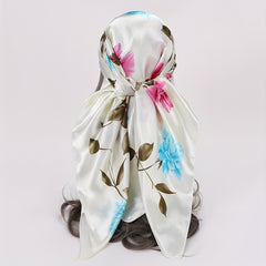 Rose Print Satin Bandana Large Square Scarf Silk Shawl Women Head Wrap