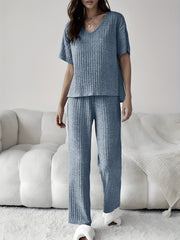 Plus Size Ribbed Short Sleeve V Neck Top & Pants Set