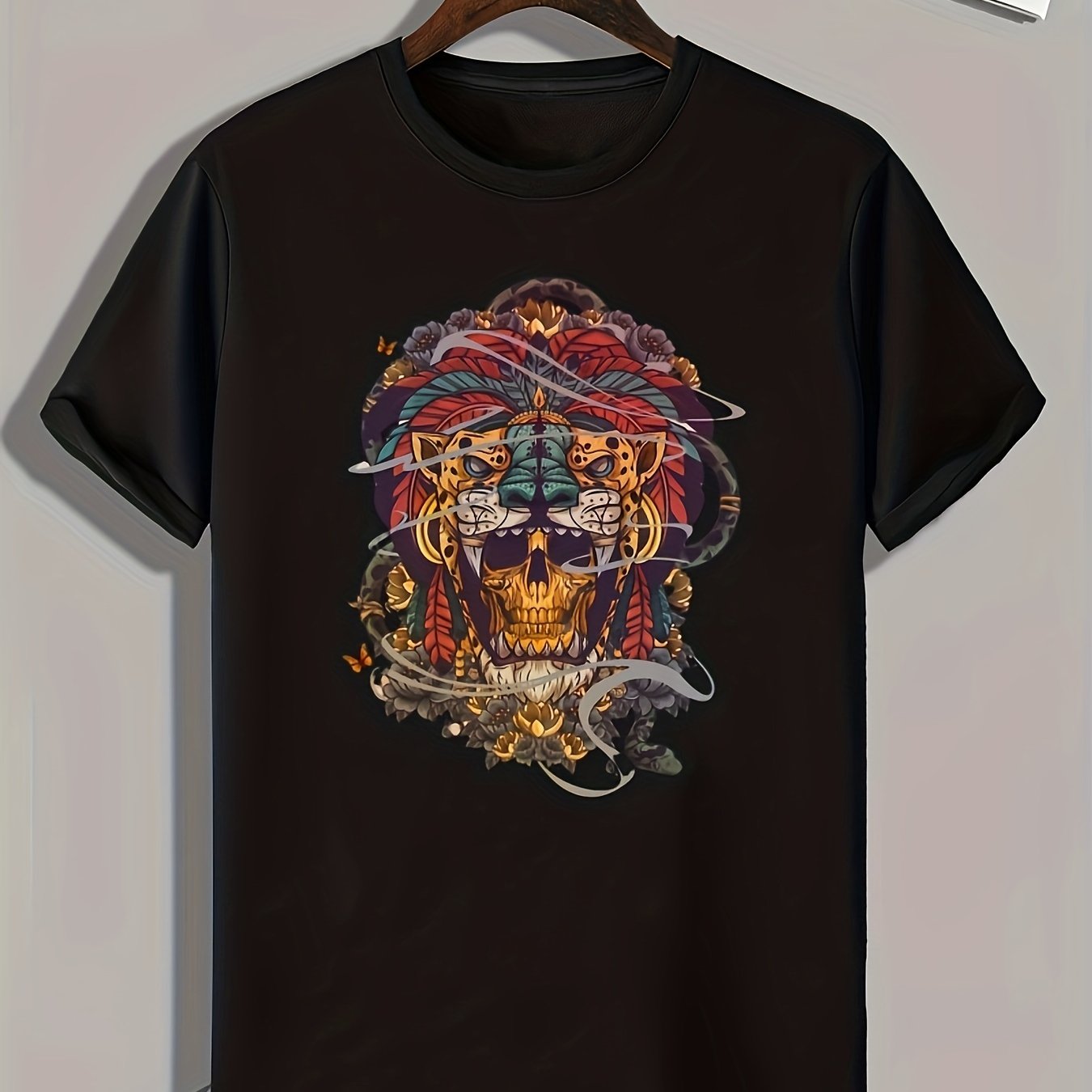 Lion Skull Print Men's Graphic T shirt Casual Tee