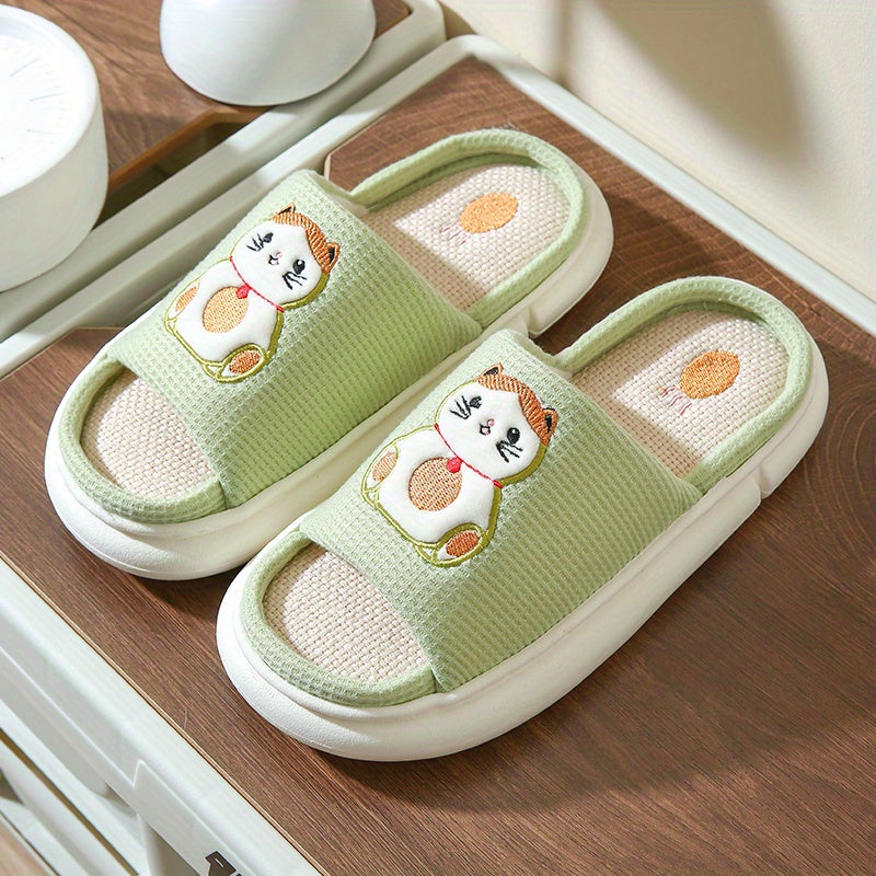 Women's Animal Printed Slippers Open Toe Non-Slip Linen Slide Shoes