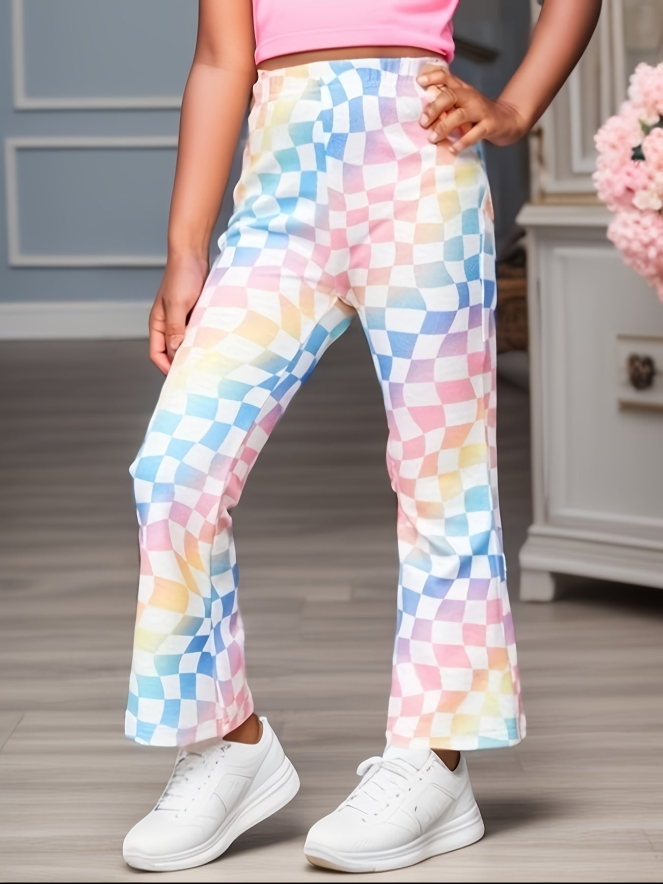 Girls' Colorful Plaid Bell Bottom Pants For Casual Street