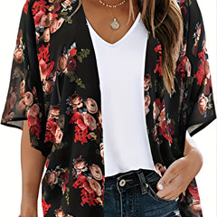 Floral Print Cover Up Shirt V Neck Loose Fit Half Sleeves Casual Kimono