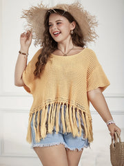 Vacay Sweater Women's Plus Solid Waffle Crochet Tassel Trim Crop Top