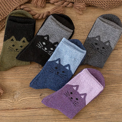 5 Pairs Cat Print Socks Warm & Comfy Women's Mid Tube Stockings
