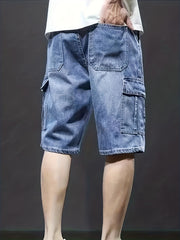Men's Cargo Denim Shorts Stretch Waist Drawstring Outdoor