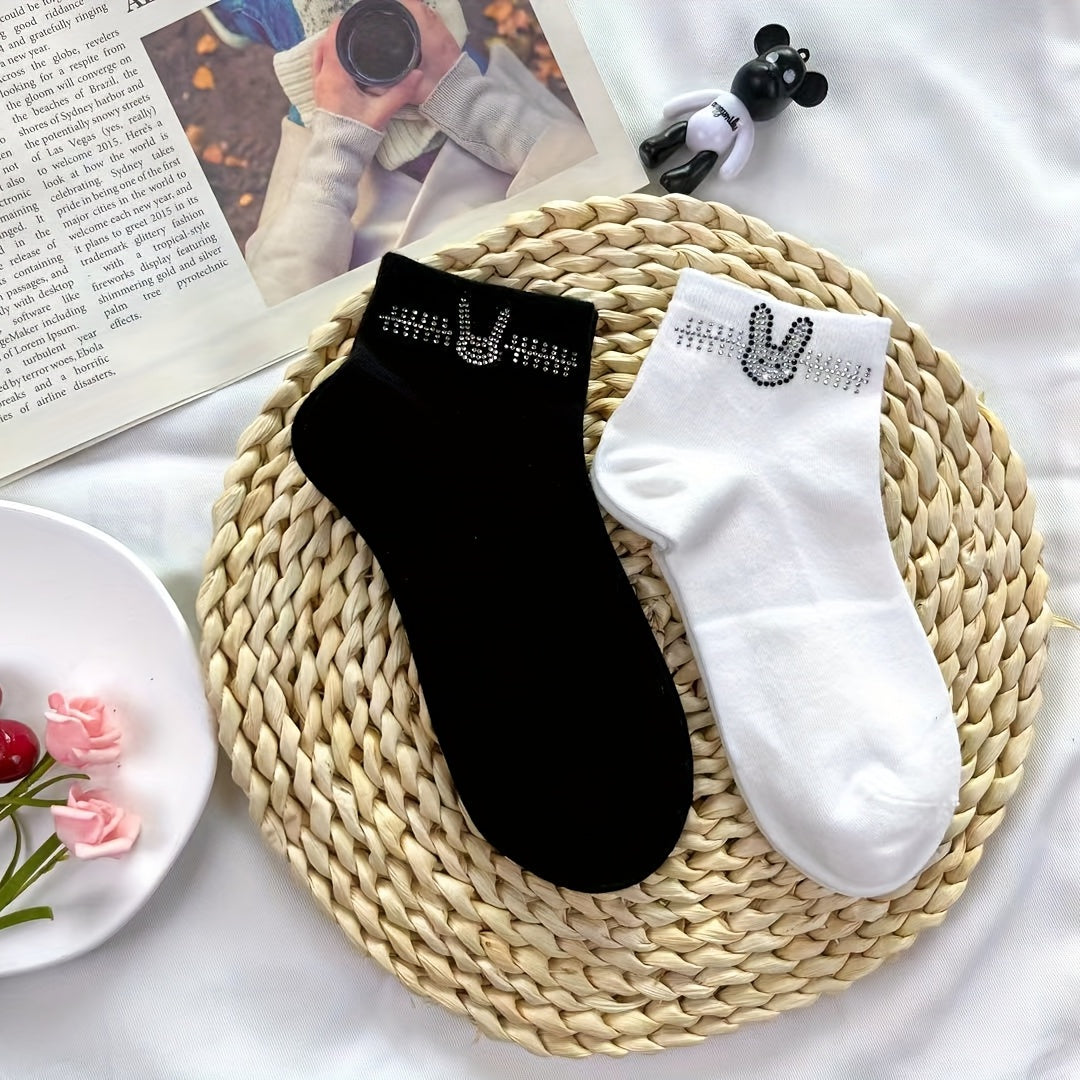 5 Pairs Bunny Rhinestone Socks Cute & Comfy Crew Short Stockings