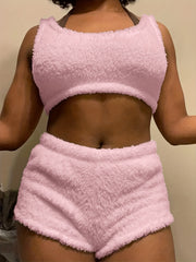 Plush Pajama Set Sleeveless Tank Top & Shorts PJ Set Women's Sleepwear
