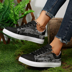 Women's Denim Flat Sneakers Lace Up & Zipper Low Top Shoes